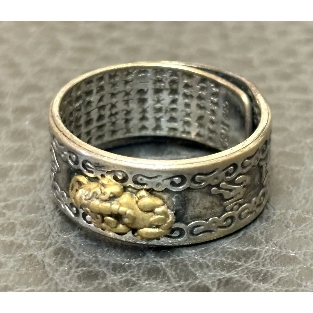 990 Silver Plated Lucky Pikiu Six Sutra Dragon Whirling Logs Boho Ring Sz 8
